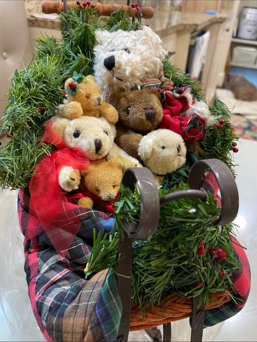 Holiday Plush Bear Sleigh Décor - Cream, Brown, Tan, Green, Red